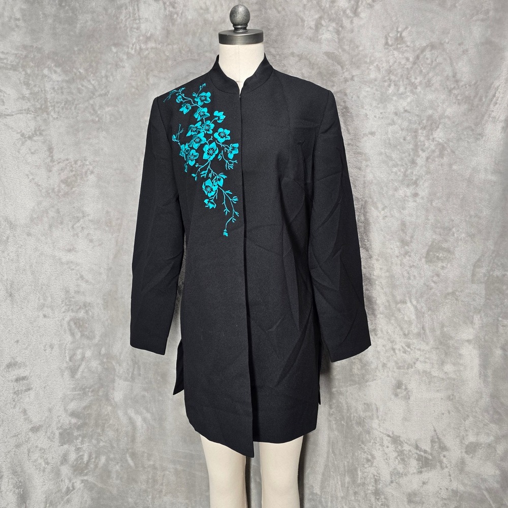 Tracy Lynn Jacket Women 6 Black Teal Floral Embroidered Mandarin Collar Longline